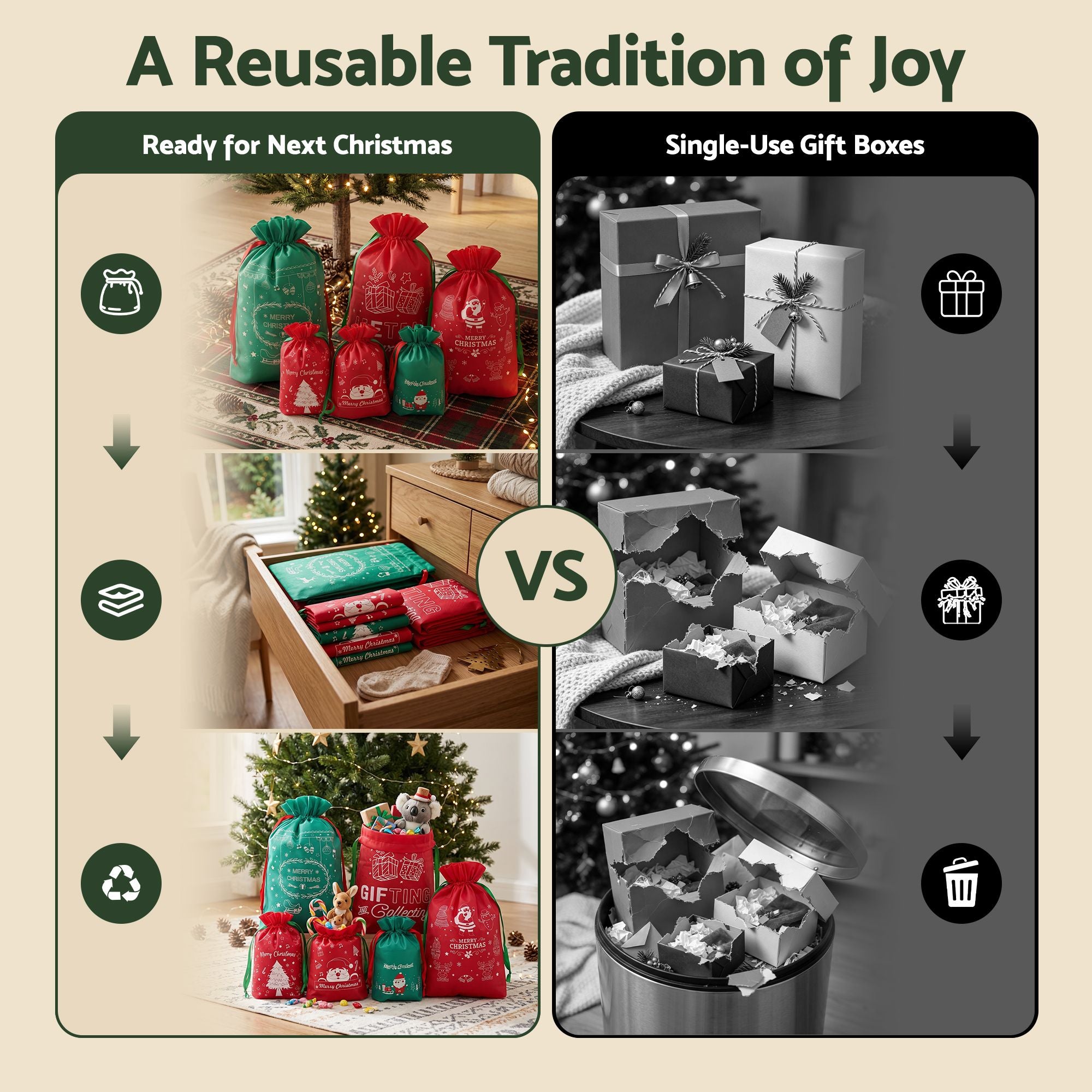 6-Piece Red & Green Christmas Gift Bag Set – Reusable Santa Sacks