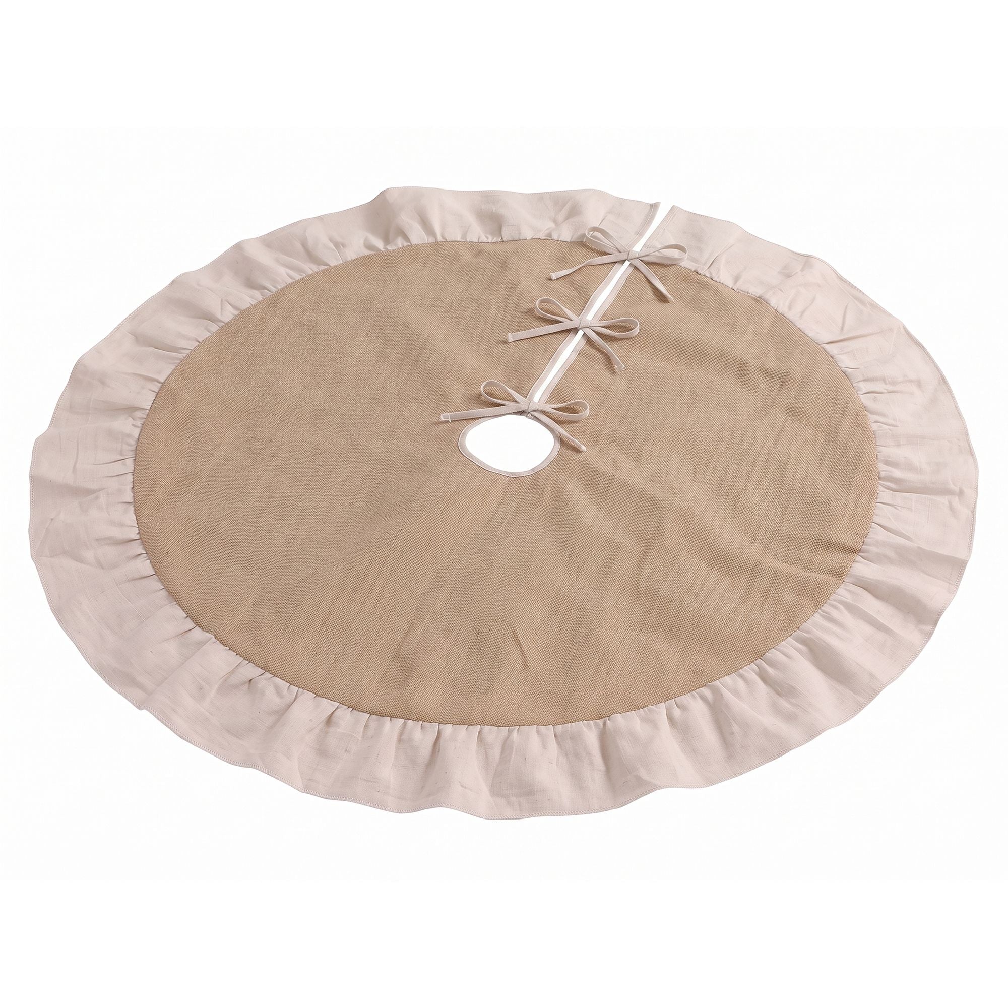 120CM Linen Christmas Tree Skirt with Ruffle Trim