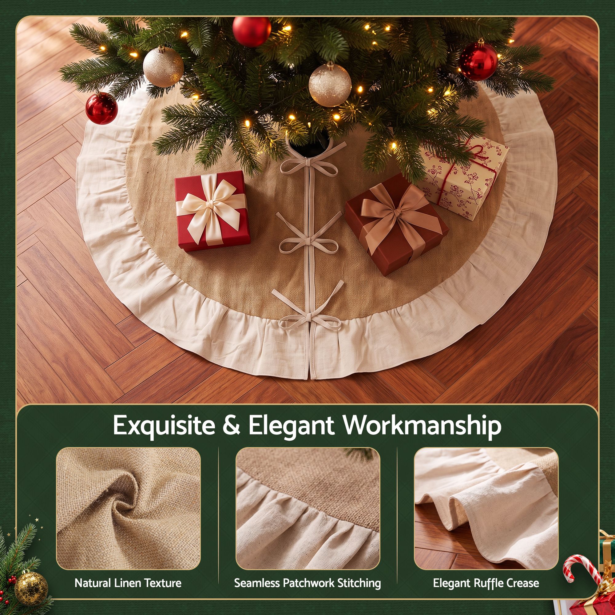 120CM Linen Christmas Tree Skirt with Ruffle Trim