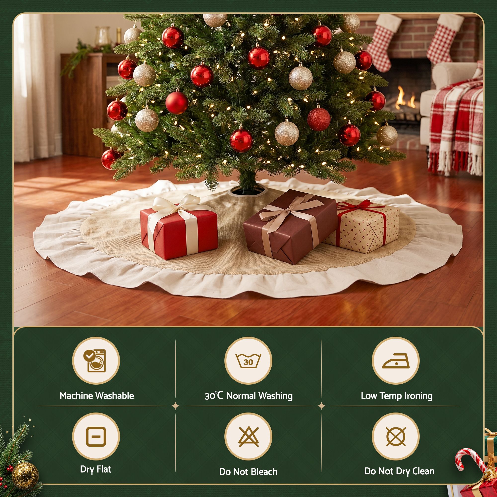 120CM Linen Christmas Tree Skirt with Ruffle Trim