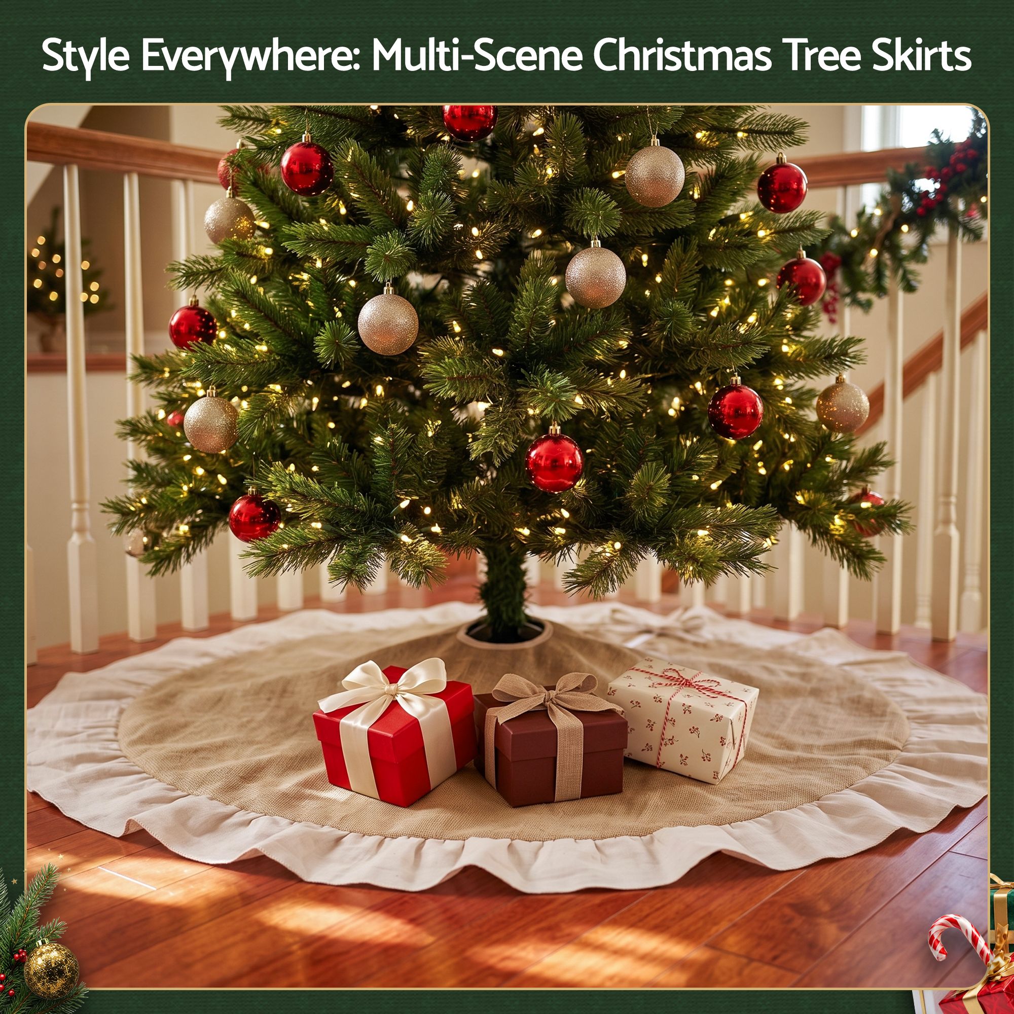 120CM Linen Christmas Tree Skirt with Ruffle Trim