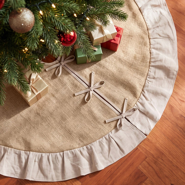 120CM Linen Christmas Tree Skirt with Ruffle Trim