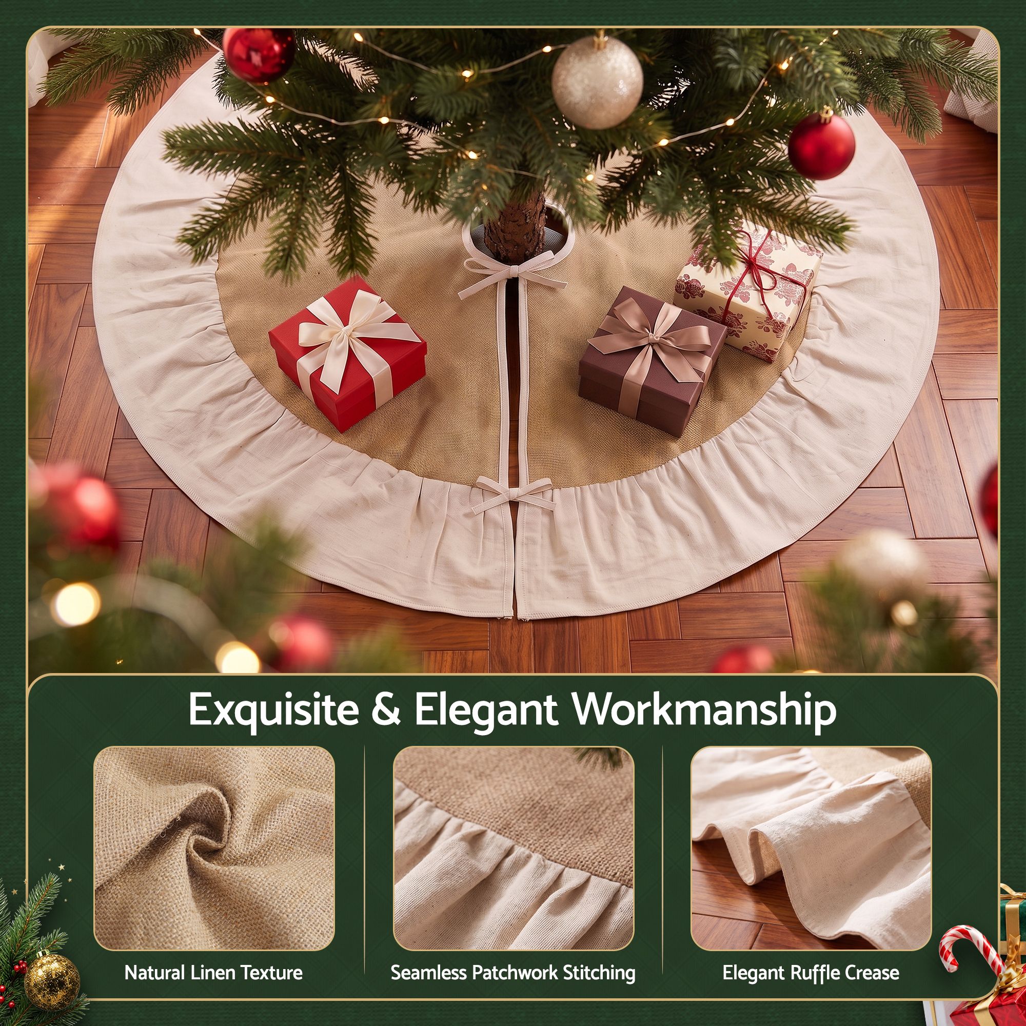 90CM Linen Christmas Tree Skirt with Ruffle Trim