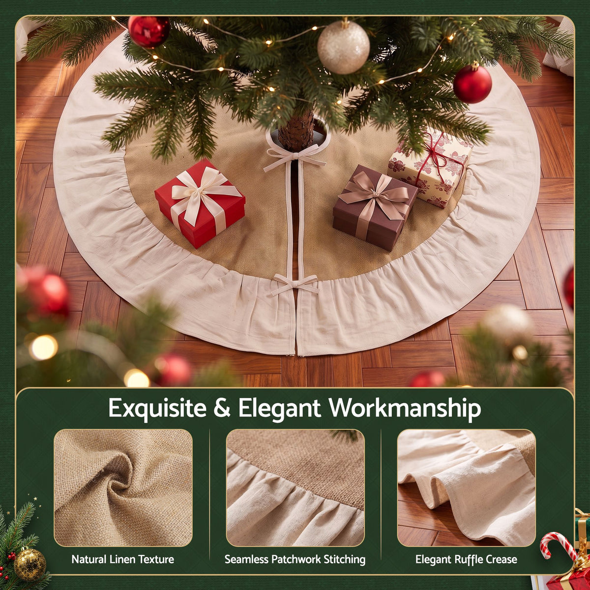 90CM Linen Christmas Tree Skirt with Ruffle Trim