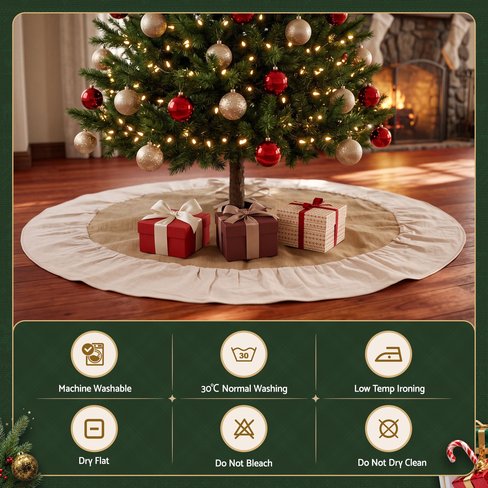 90CM Linen Christmas Tree Skirt with Ruffle Trim