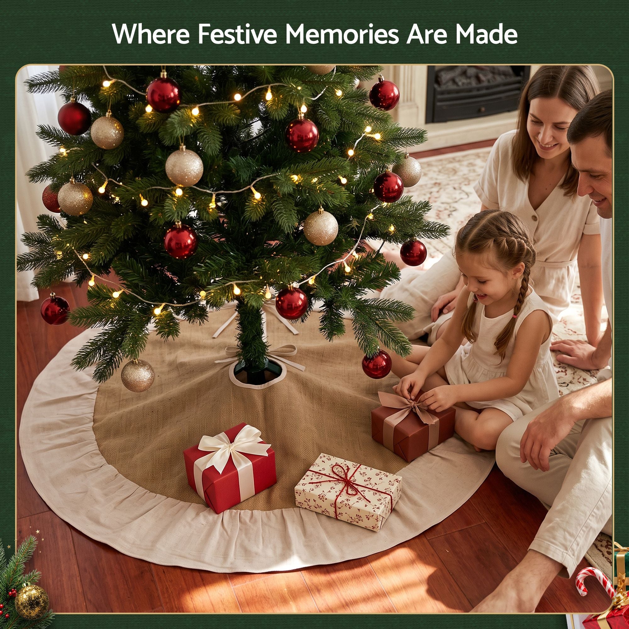 90CM Linen Christmas Tree Skirt with Ruffle Trim
