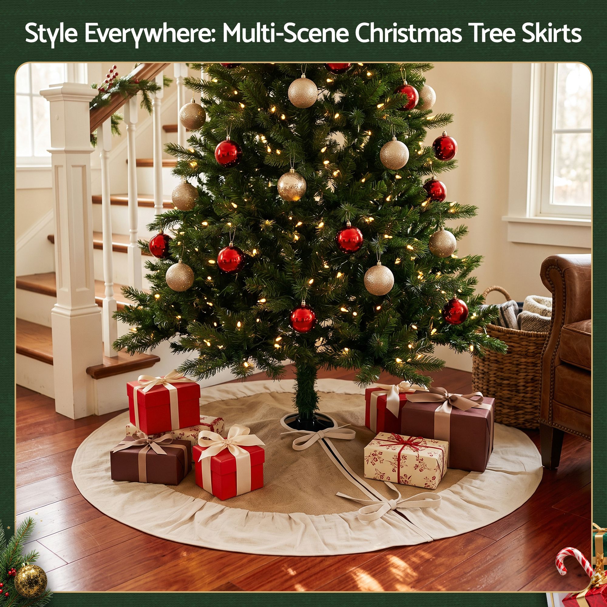 90CM Linen Christmas Tree Skirt with Ruffle Trim