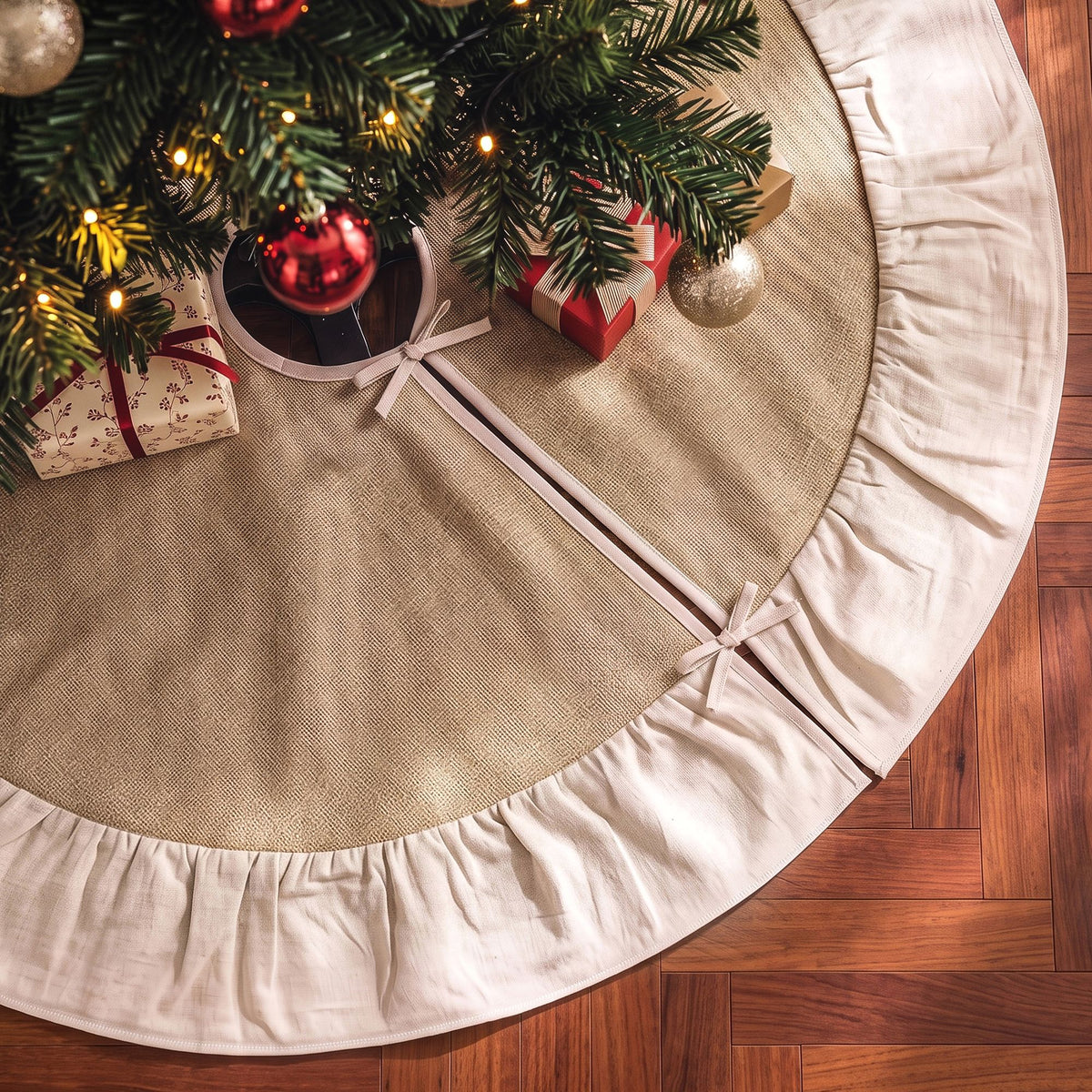 90CM Linen Christmas Tree Skirt with Ruffle Trim