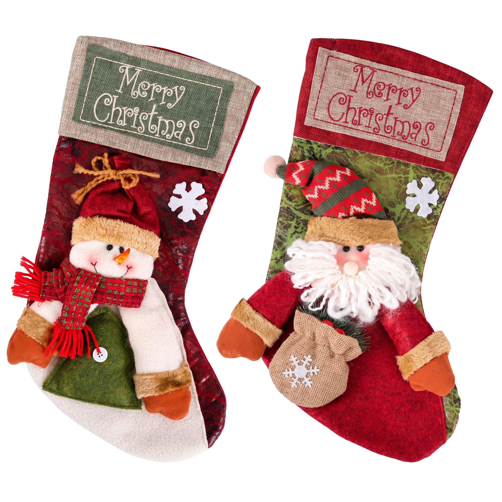 2 Pack 3D Christmas Stockings with Plush Santa & Snowman – 43.5CM