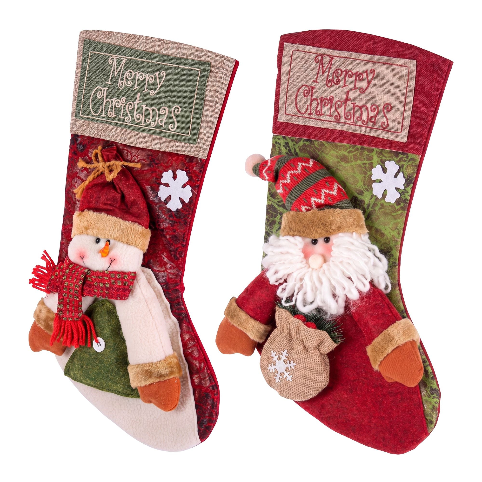 2 Pack 3D Christmas Stockings with Plush Santa & Snowman – 43.5CM