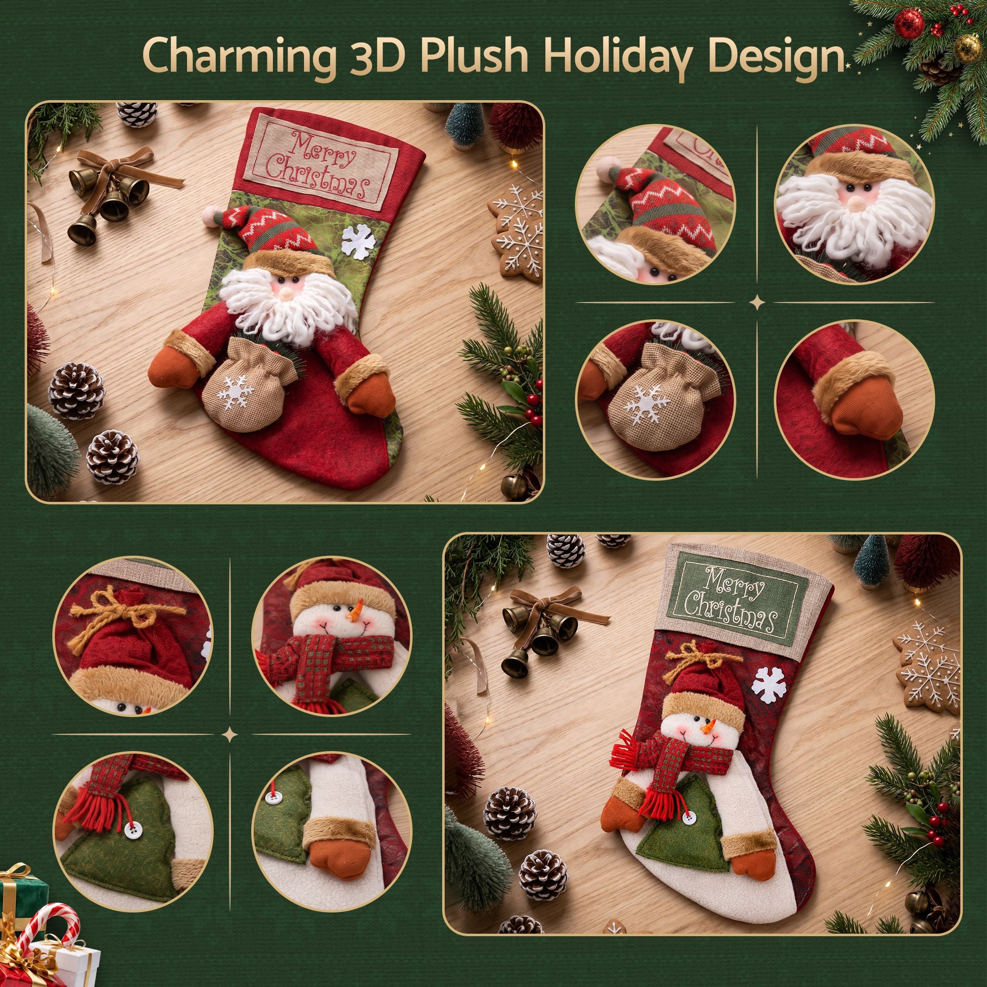 2 Pack 3D Christmas Stockings with Plush Santa & Snowman – 43.5CM