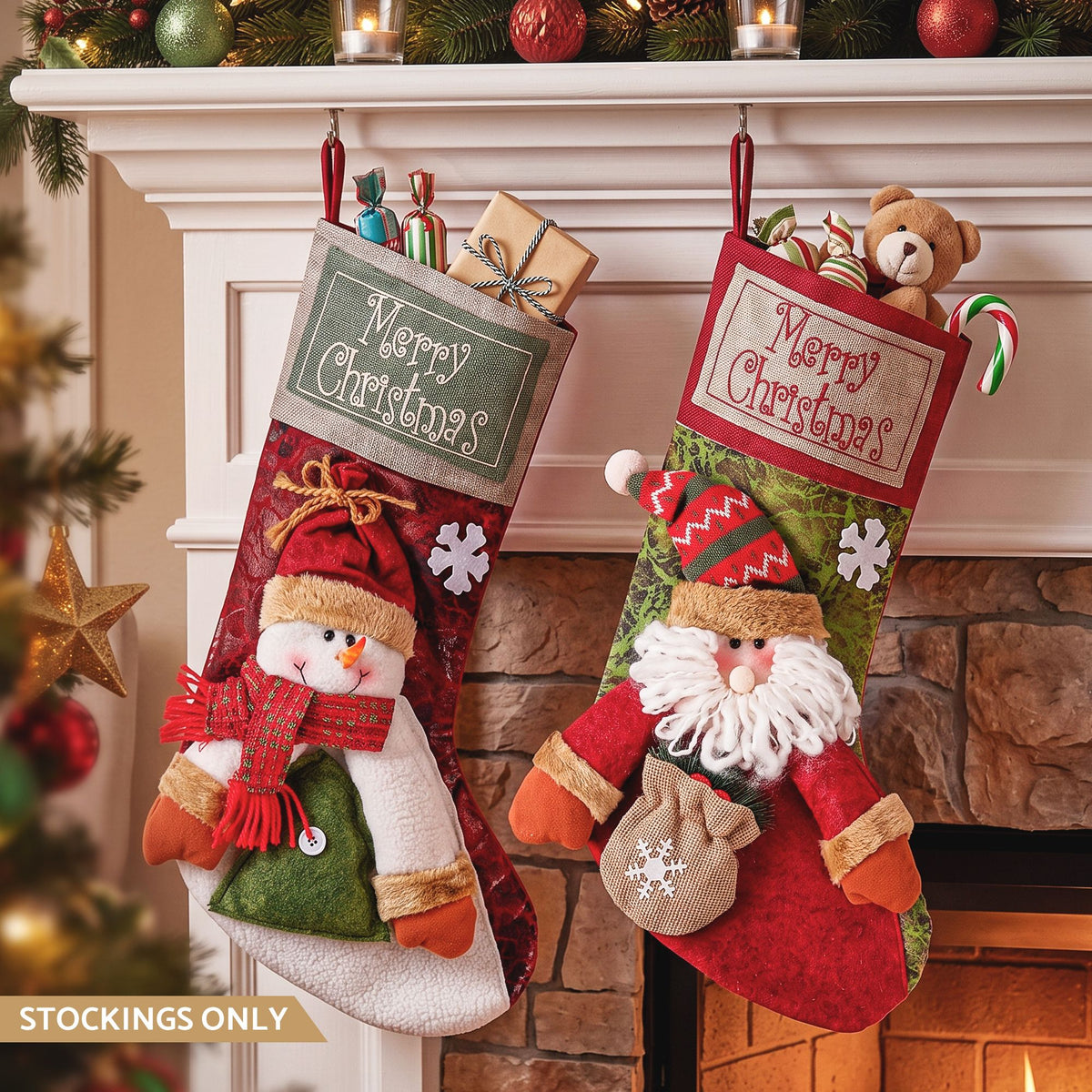 2 Pack 3D Christmas Stockings with Plush Santa & Snowman – 43.5CM