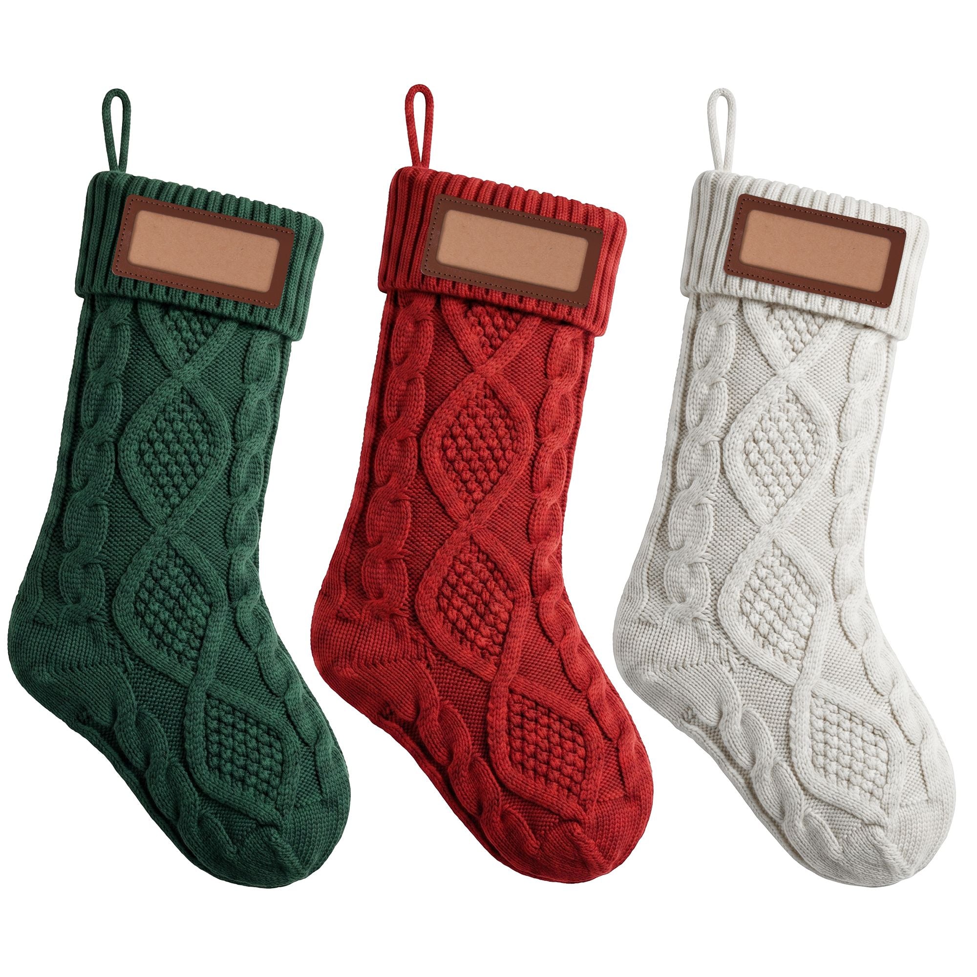 3 Pack Knitted Christmas Stockings with Leather Name Patches