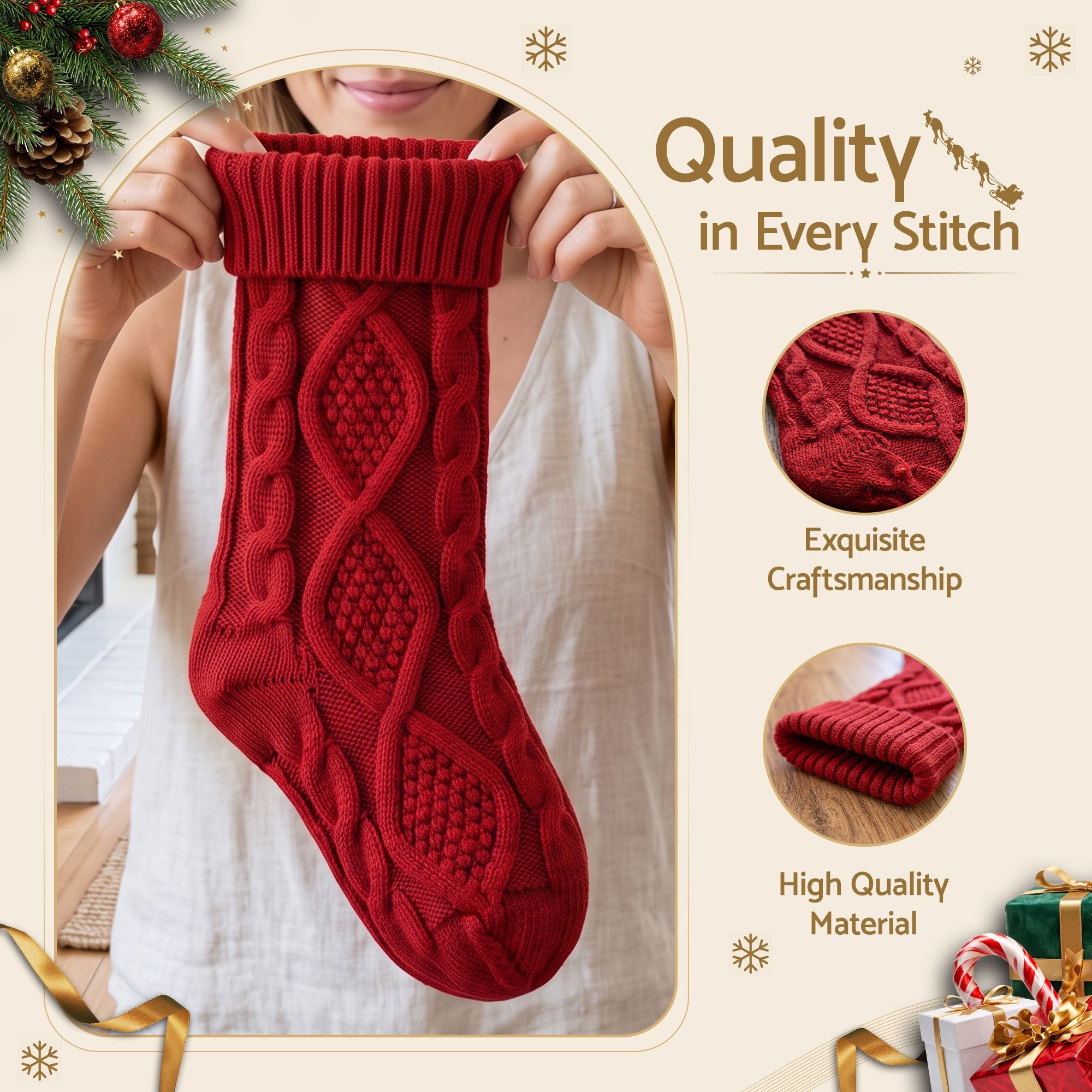3 Pack Knitted Christmas Stockings with Leather Name Patches