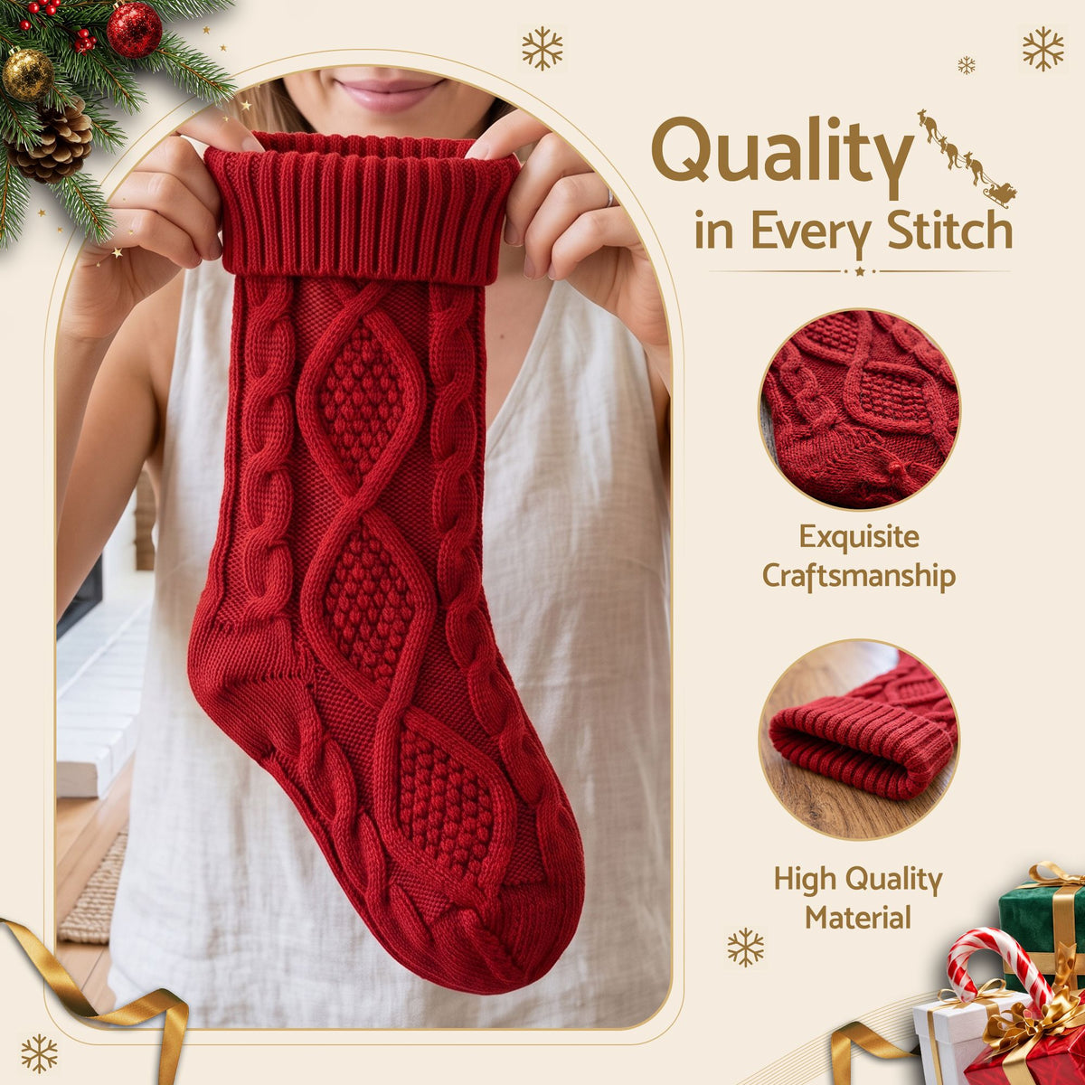 3 Pack Knitted Christmas Stockings with Leather Name Patches
