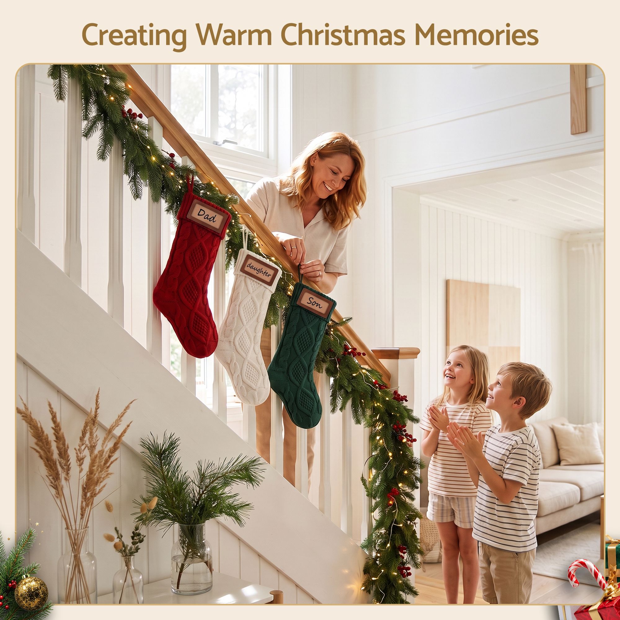3 Pack Knitted Christmas Stockings with Leather Name Patches
