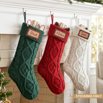 3 Pack Knitted Christmas Stockings with Leather Name Patches