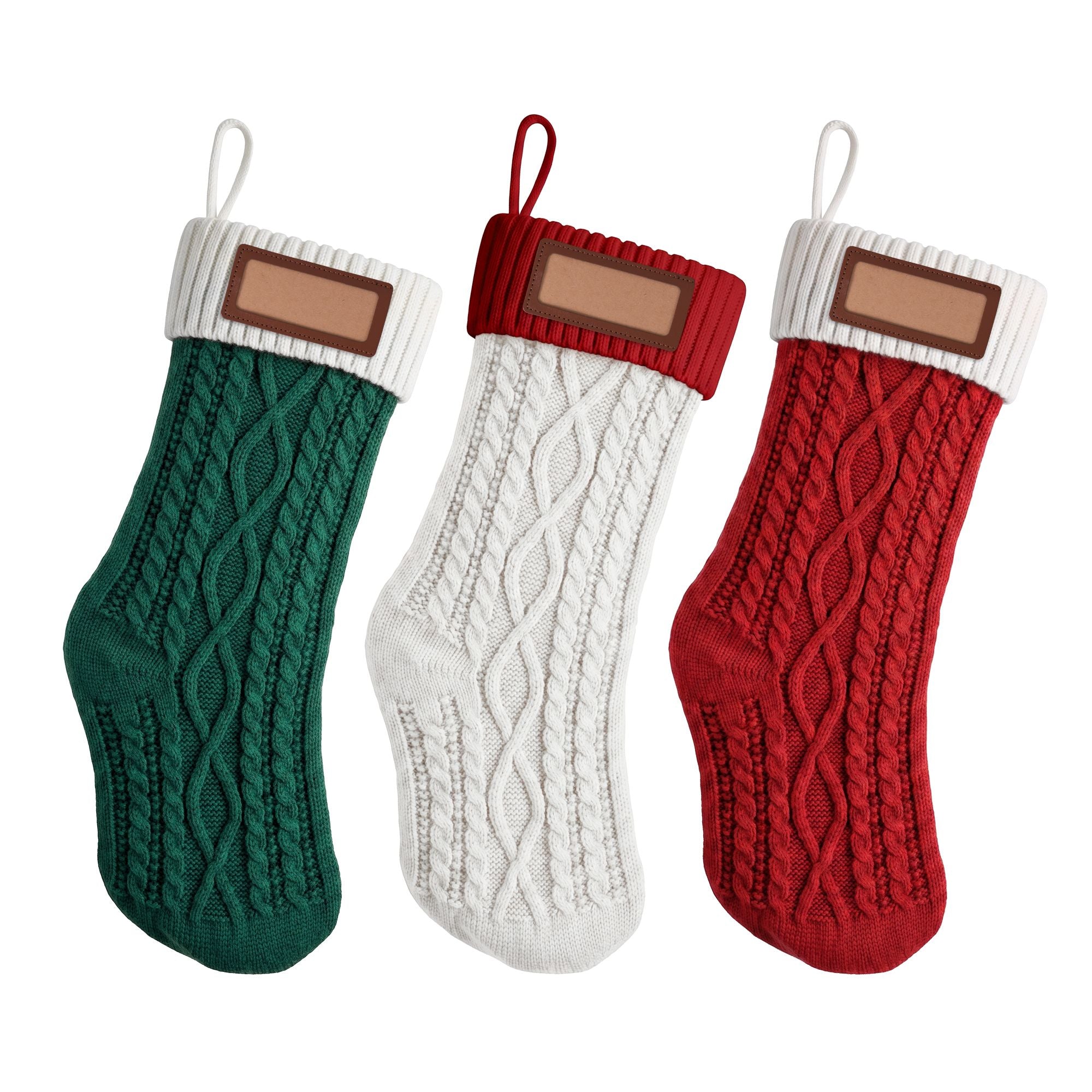 3 Pack Knitted Christmas Stockings with Leather Name Patches – Contrast Colours