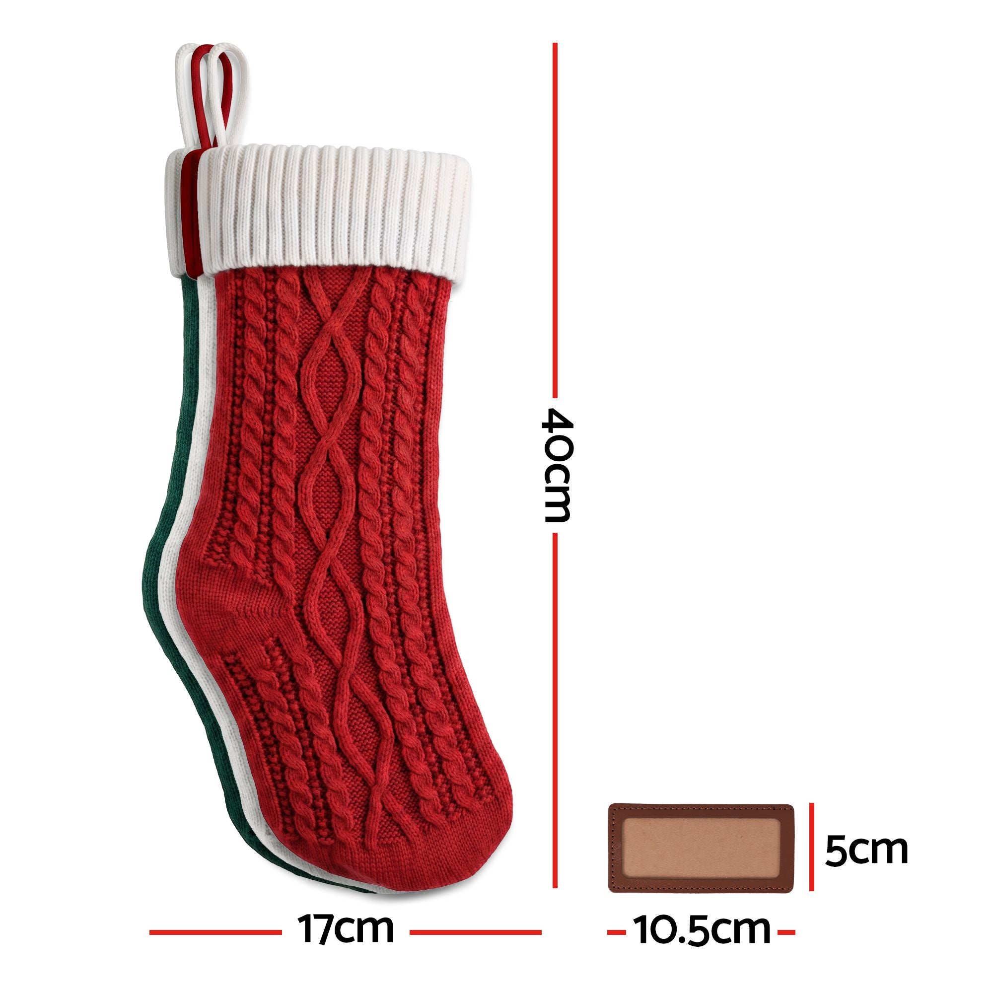 3 Pack Knitted Christmas Stockings with Leather Name Patches – Contrast Colours