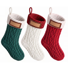 3 Pack Knitted Christmas Stockings with Leather Name Patches – Contrast Colours