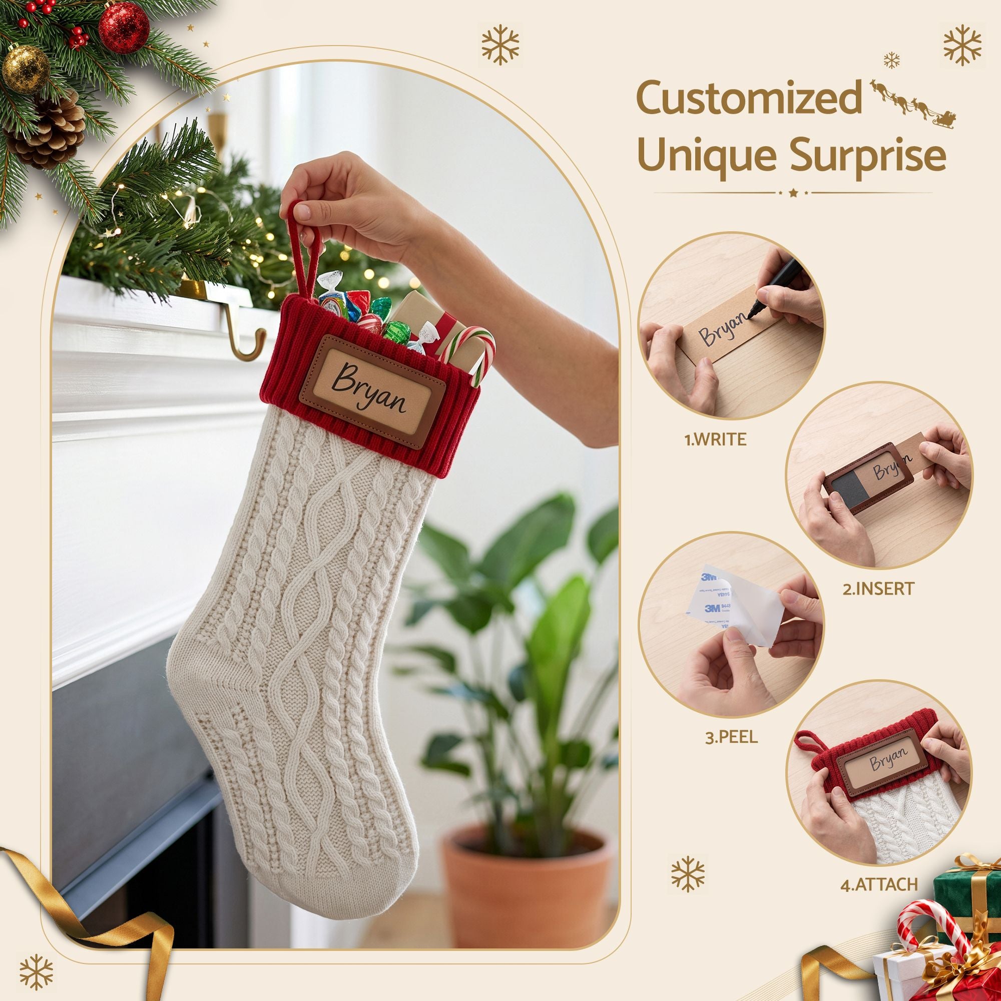 3 Pack Knitted Christmas Stockings with Leather Name Patches – Contrast Colours