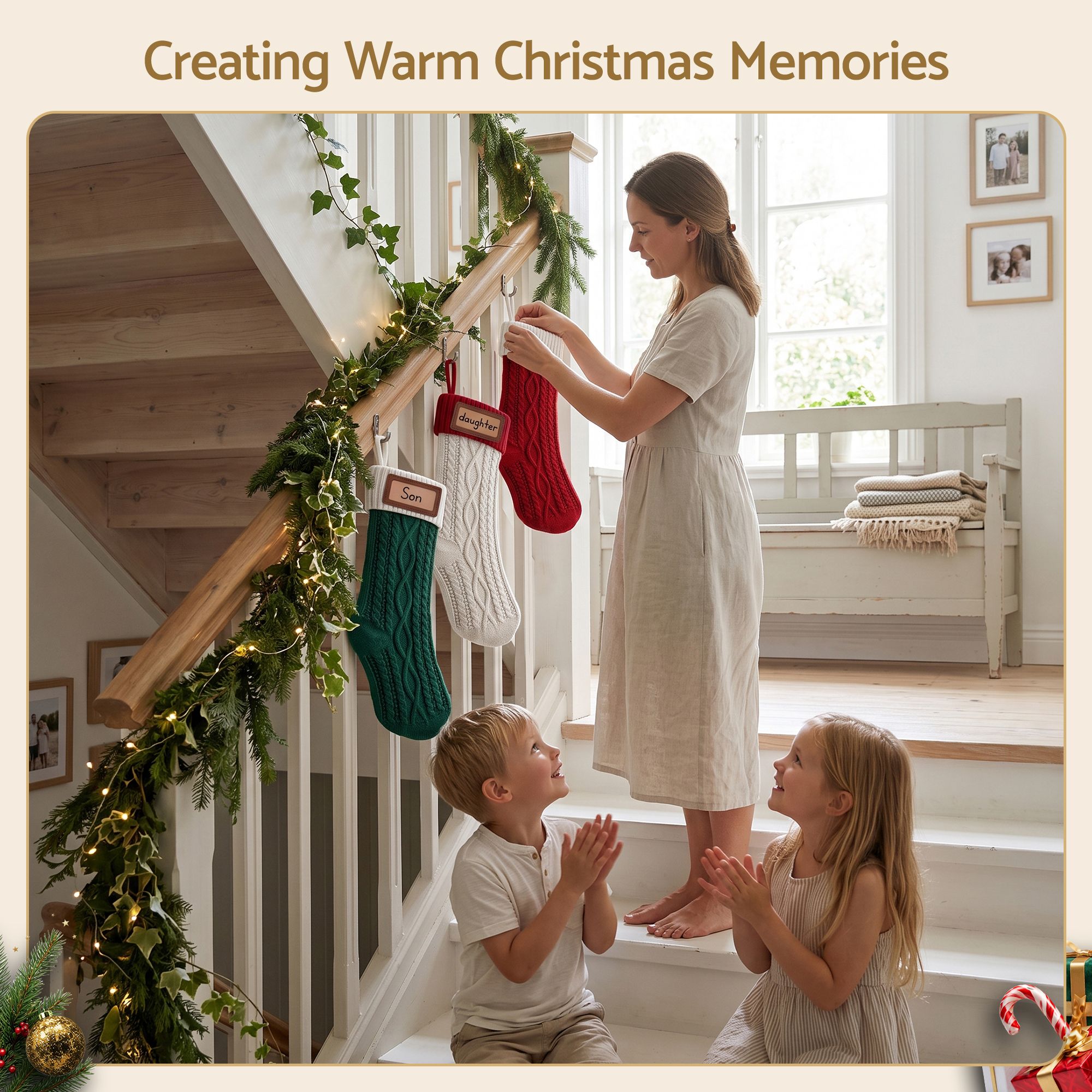 3 Pack Knitted Christmas Stockings with Leather Name Patches – Contrast Colours