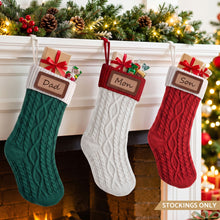 3 Pack Knitted Christmas Stockings with Leather Name Patches – Contrast Colours