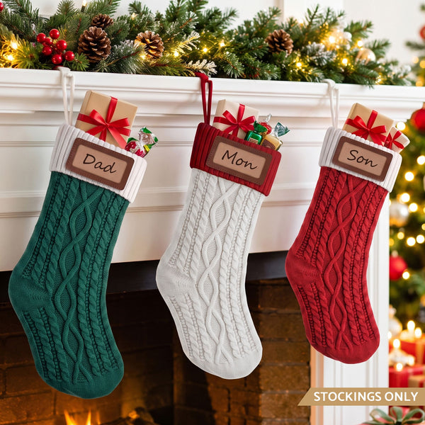 3 Pack Knitted Christmas Stockings with Leather Name Patches – Contrast Colours