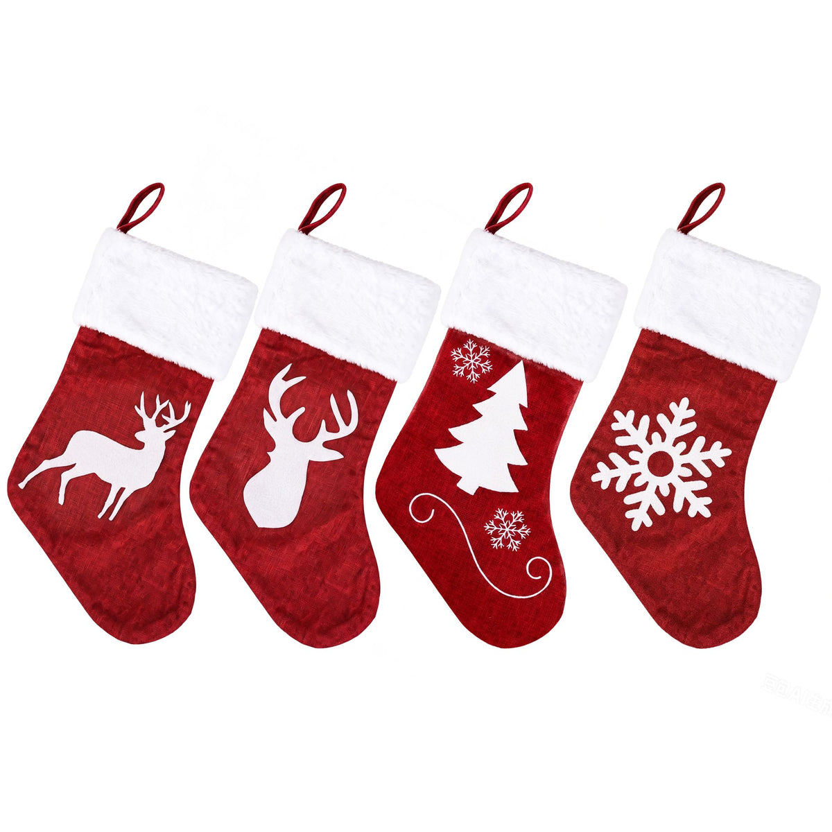 4 Pack Velvet Christmas Stockings with Reindeer & Snowflake Designs – 46.5CM