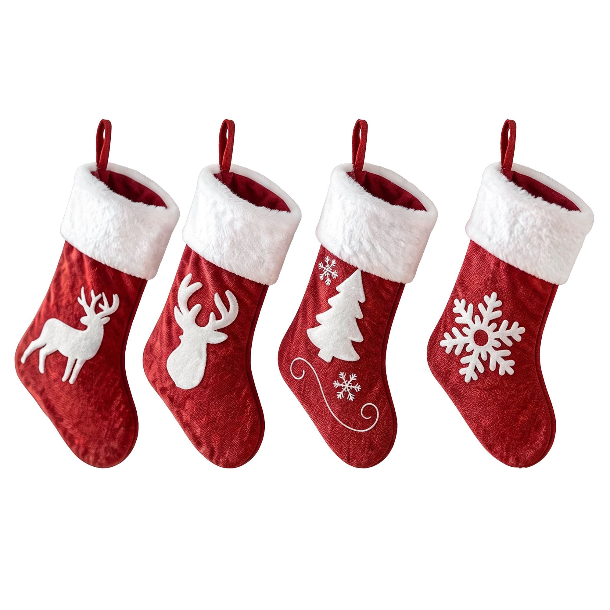 4 Pack Velvet Christmas Stockings with Reindeer & Snowflake Designs – 46.5CM