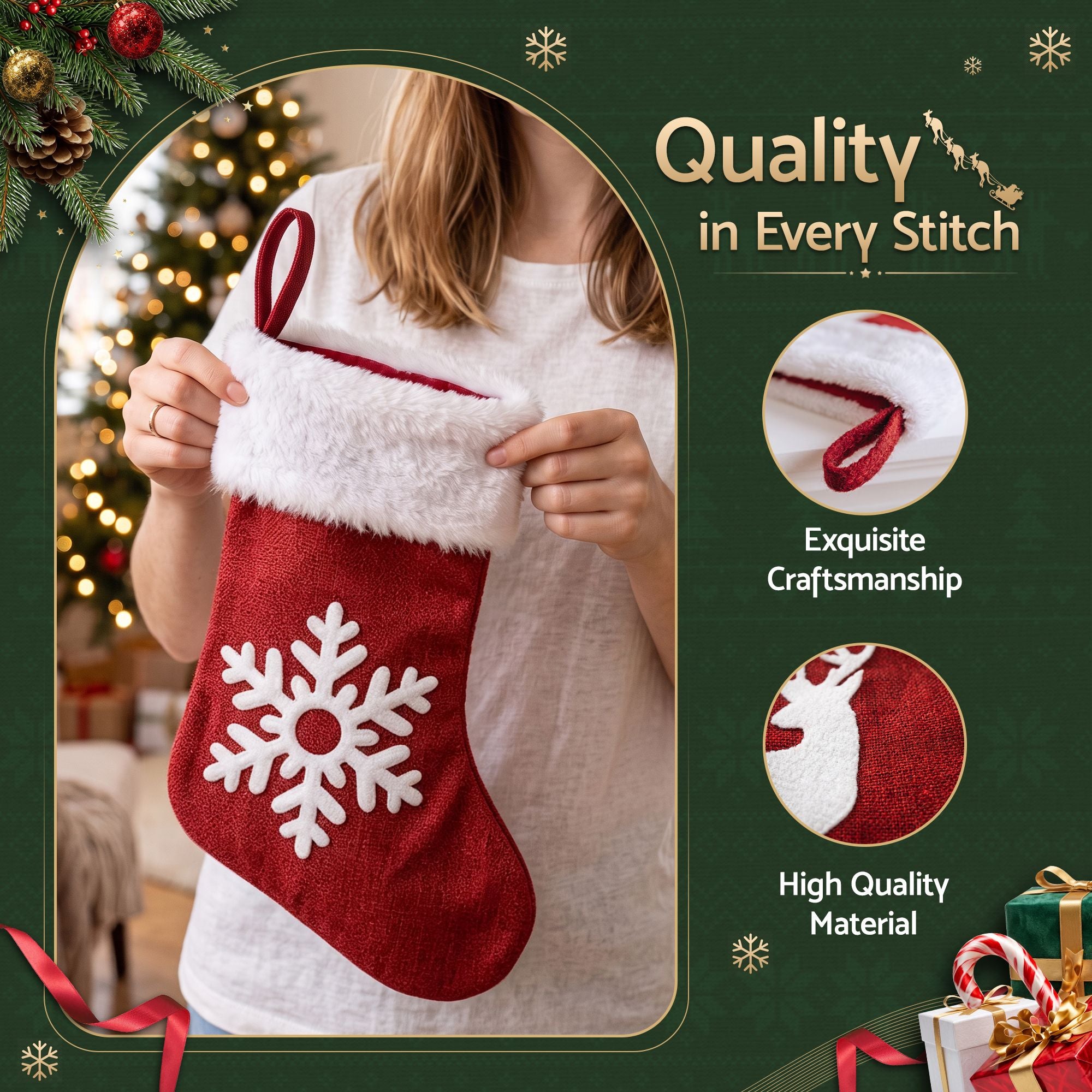 4 Pack Velvet Christmas Stockings with Reindeer & Snowflake Designs – 46.5CM