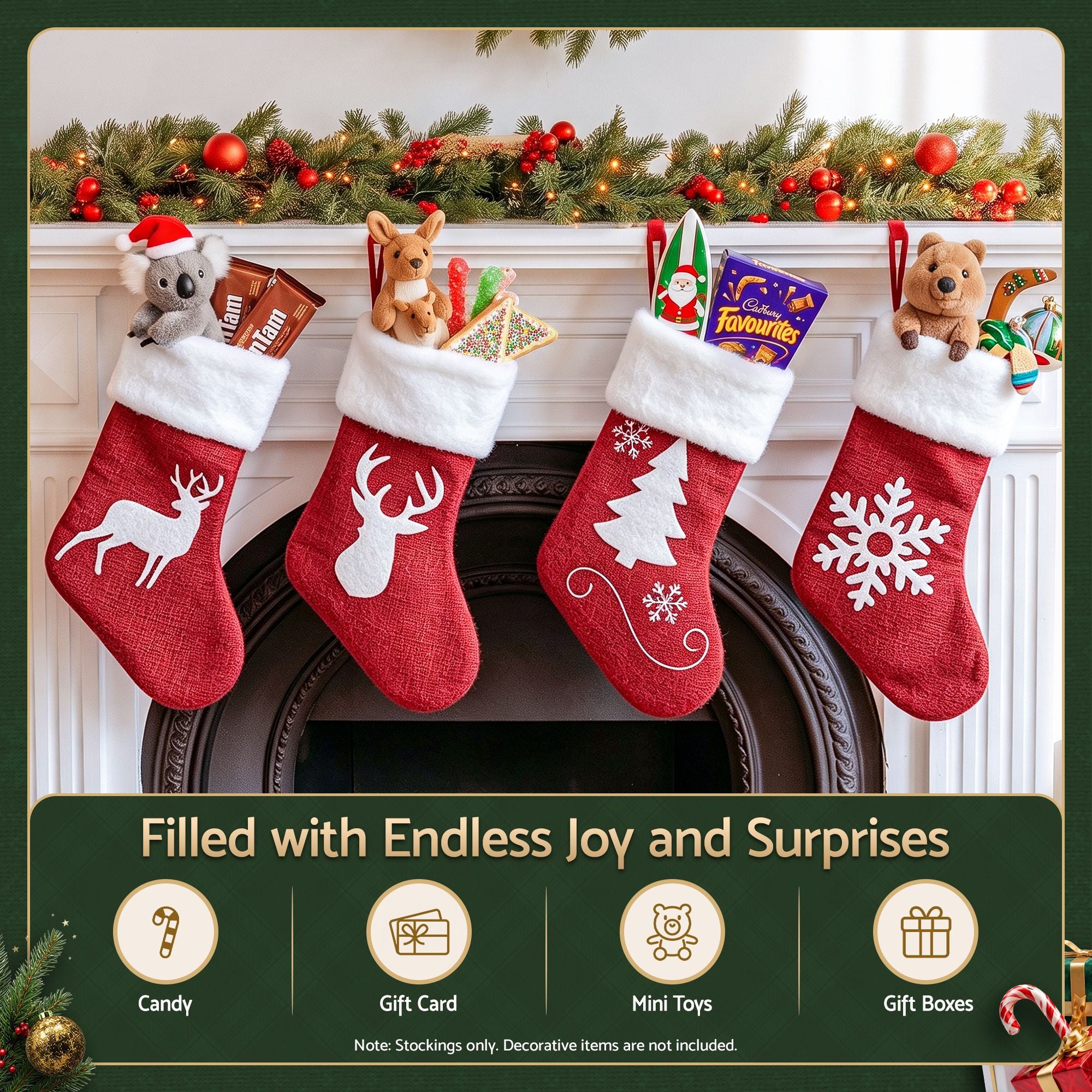 4 Pack Velvet Christmas Stockings with Reindeer & Snowflake Designs – 46.5CM