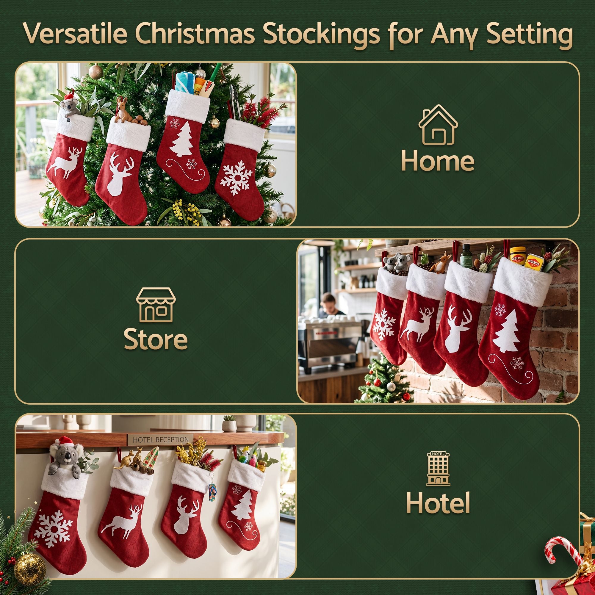 4 Pack Velvet Christmas Stockings with Reindeer & Snowflake Designs – 46.5CM
