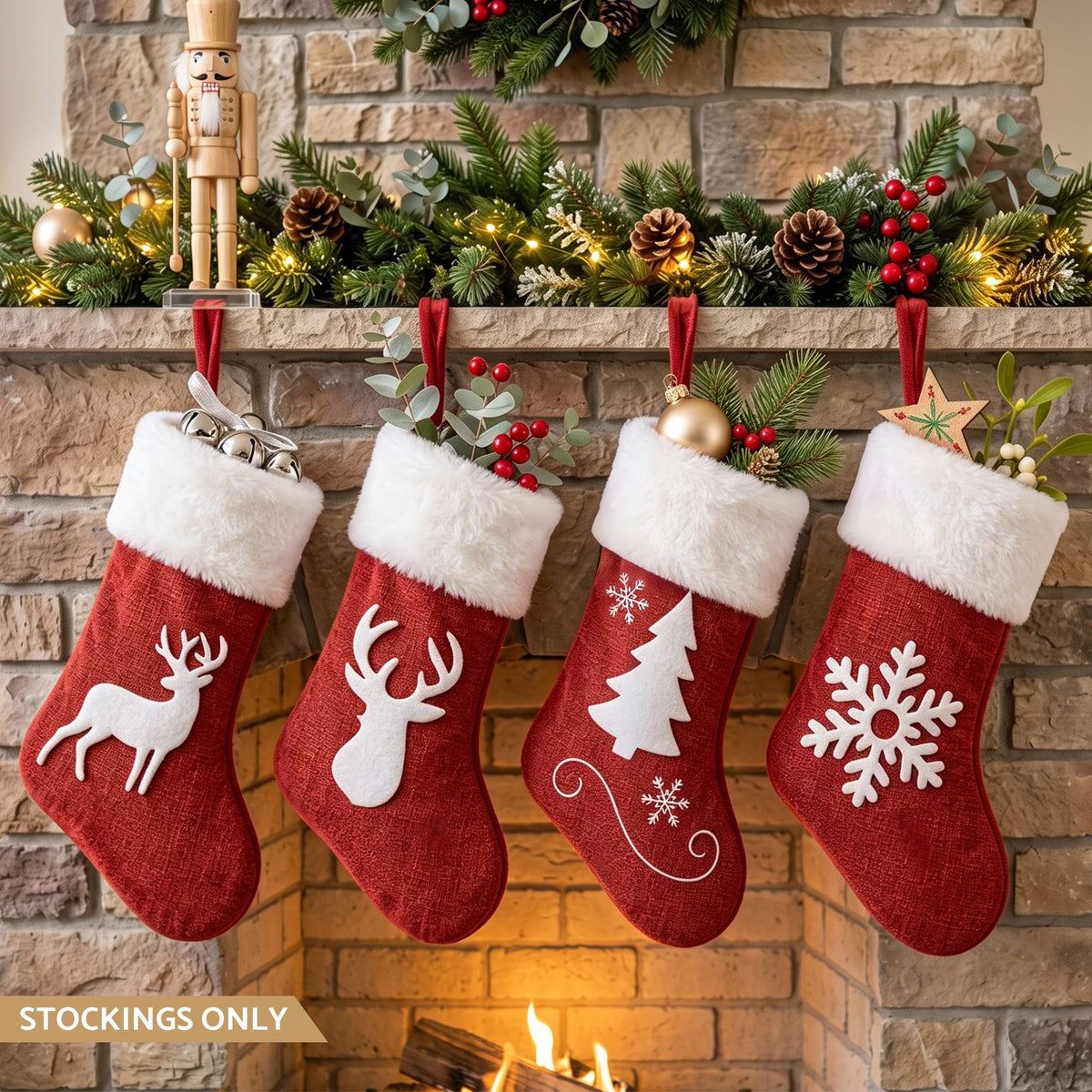 4 Pack Velvet Christmas Stockings with Reindeer & Snowflake Designs – 46.5CM