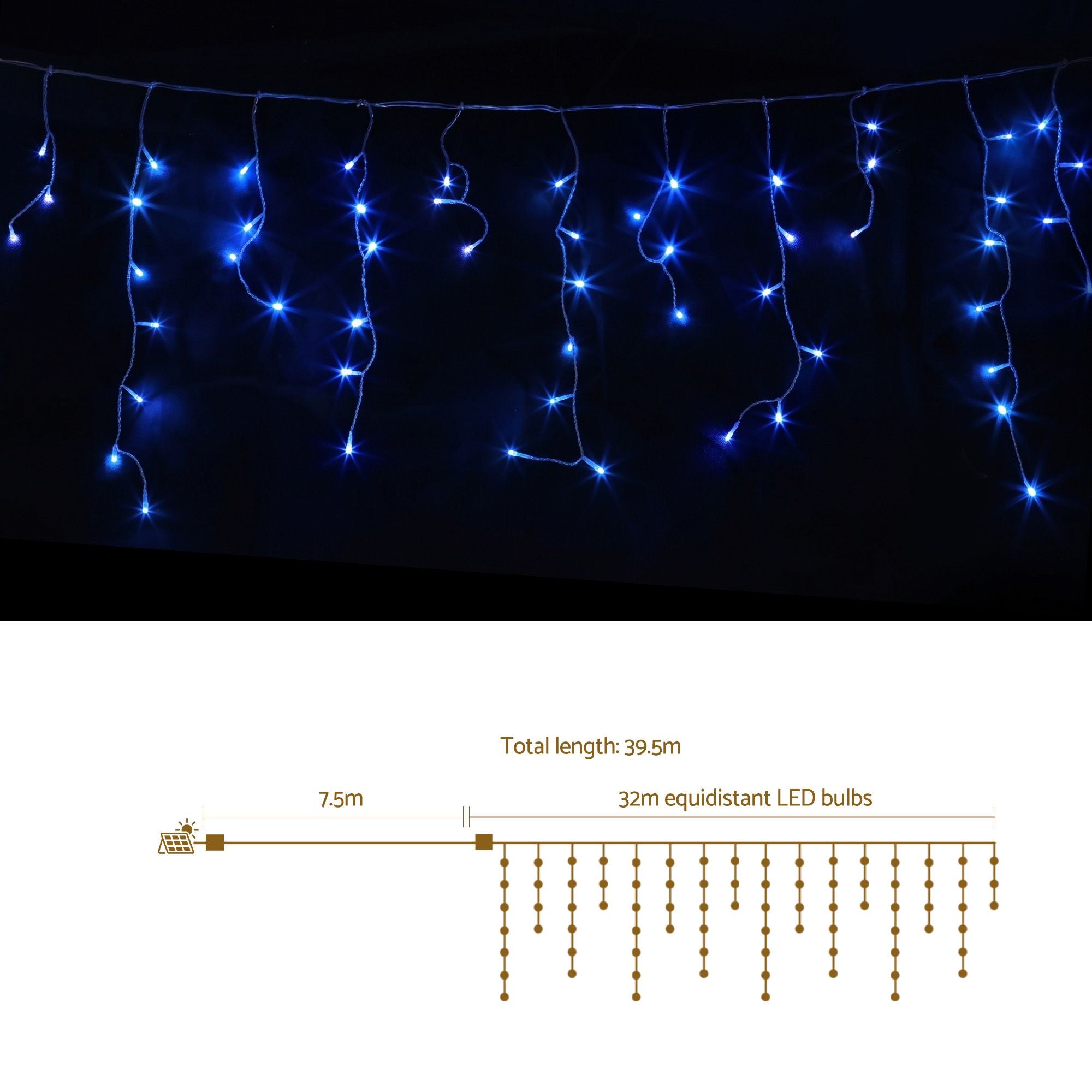 32M Solar Blue LED Icicle Christmas Lights with 960 LEDs