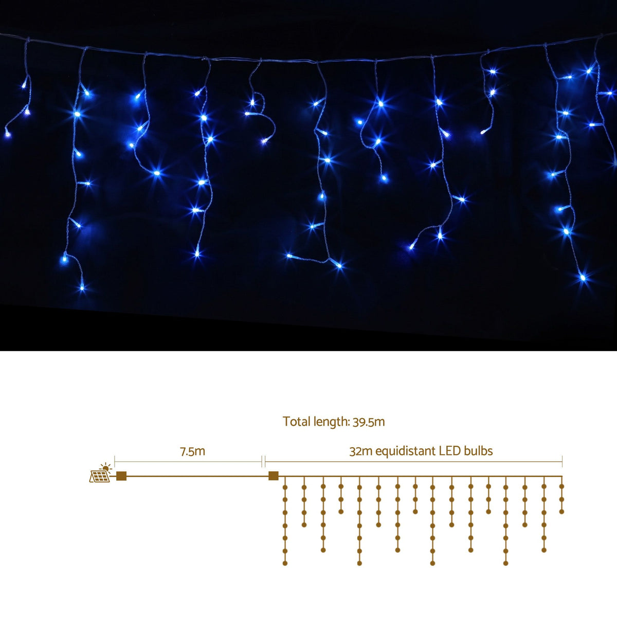 32M Solar Blue LED Icicle Christmas Lights with 960 LEDs