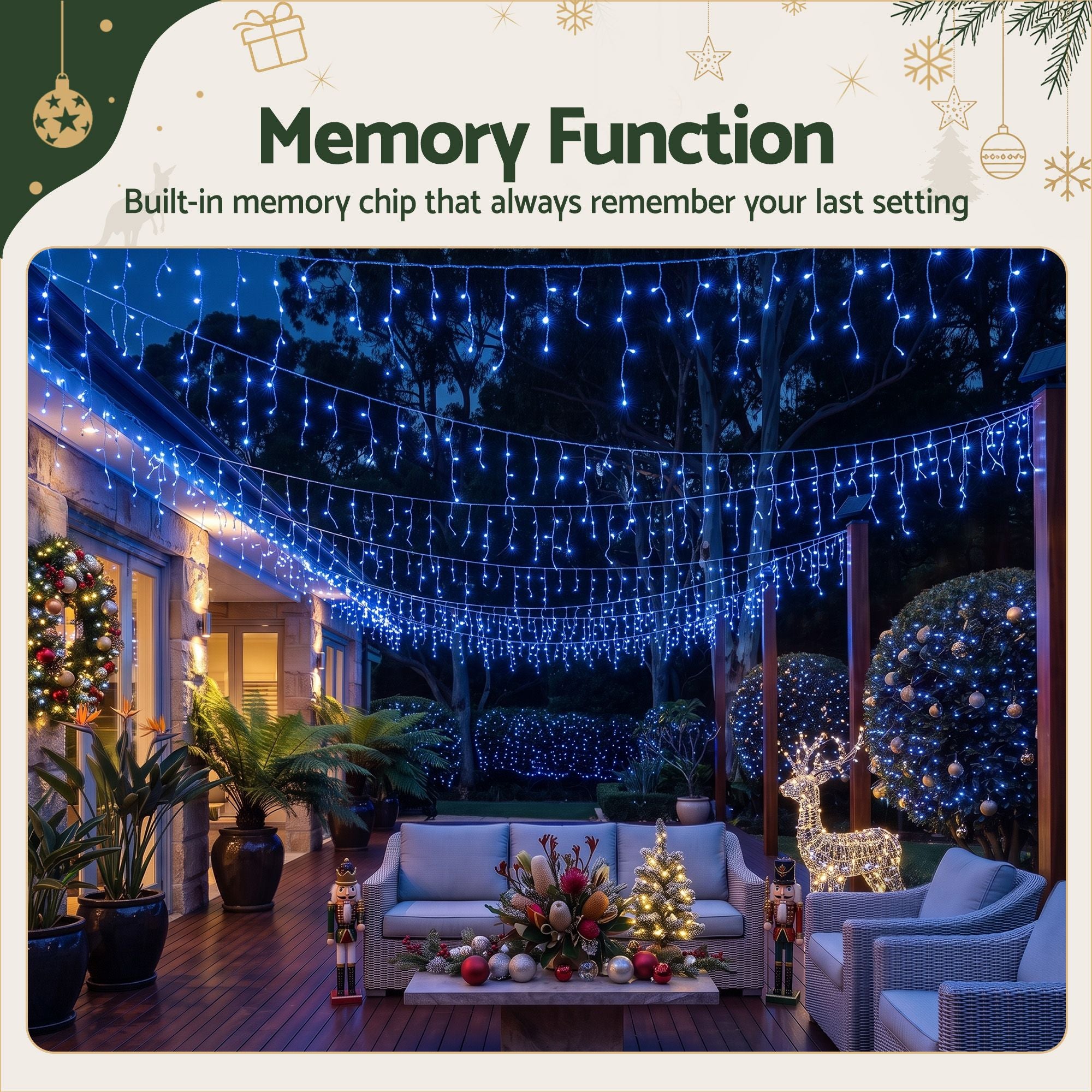 32M Solar Blue LED Icicle Christmas Lights with 960 LEDs