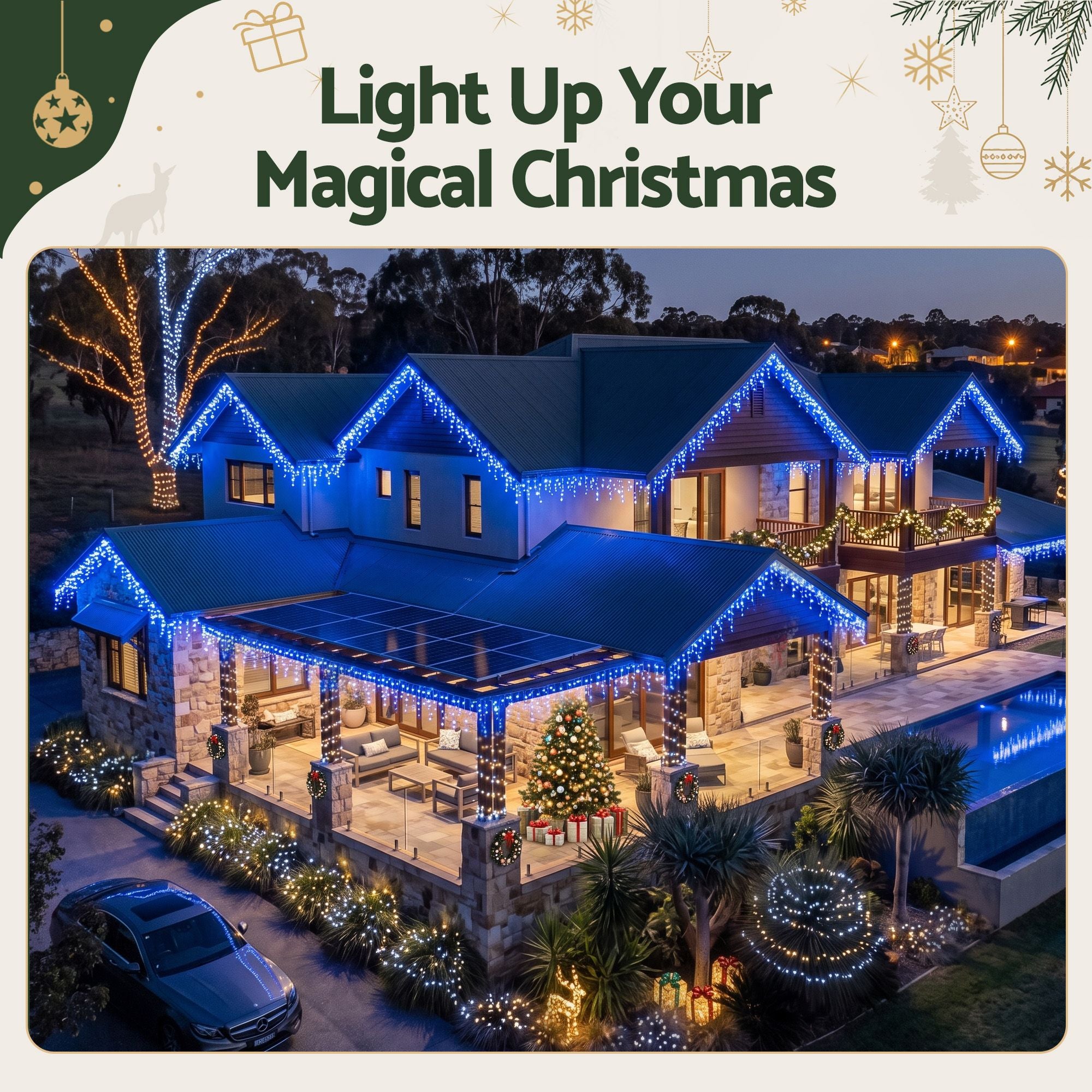 32M Solar Blue LED Icicle Christmas Lights with 960 LEDs