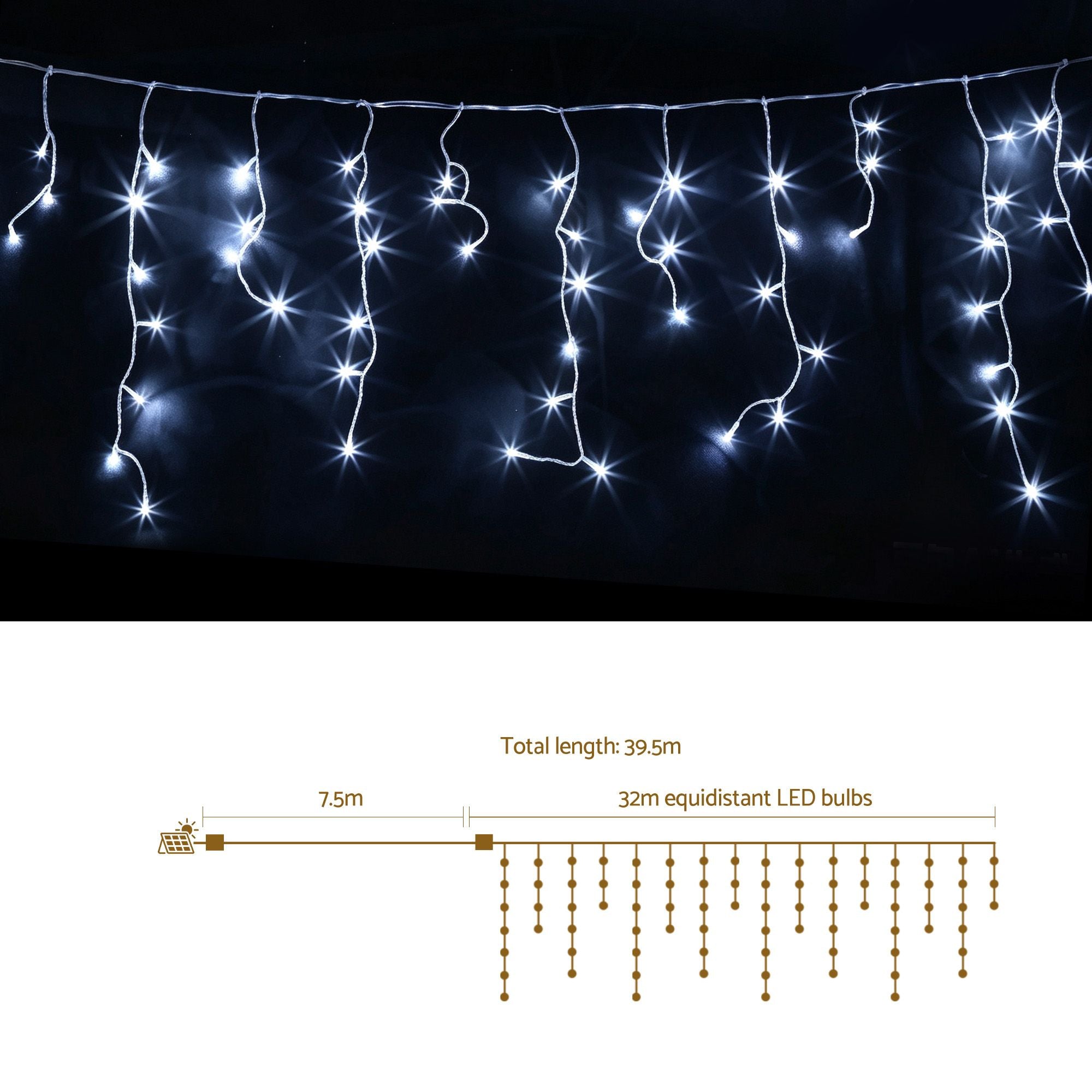 32M Solar Icicle Lights with 960 Cool White LED Lights