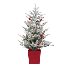 100CM Pre-Lit Flocked Potted Christmas Tree with 100 Warm White LEDs & Red Berries