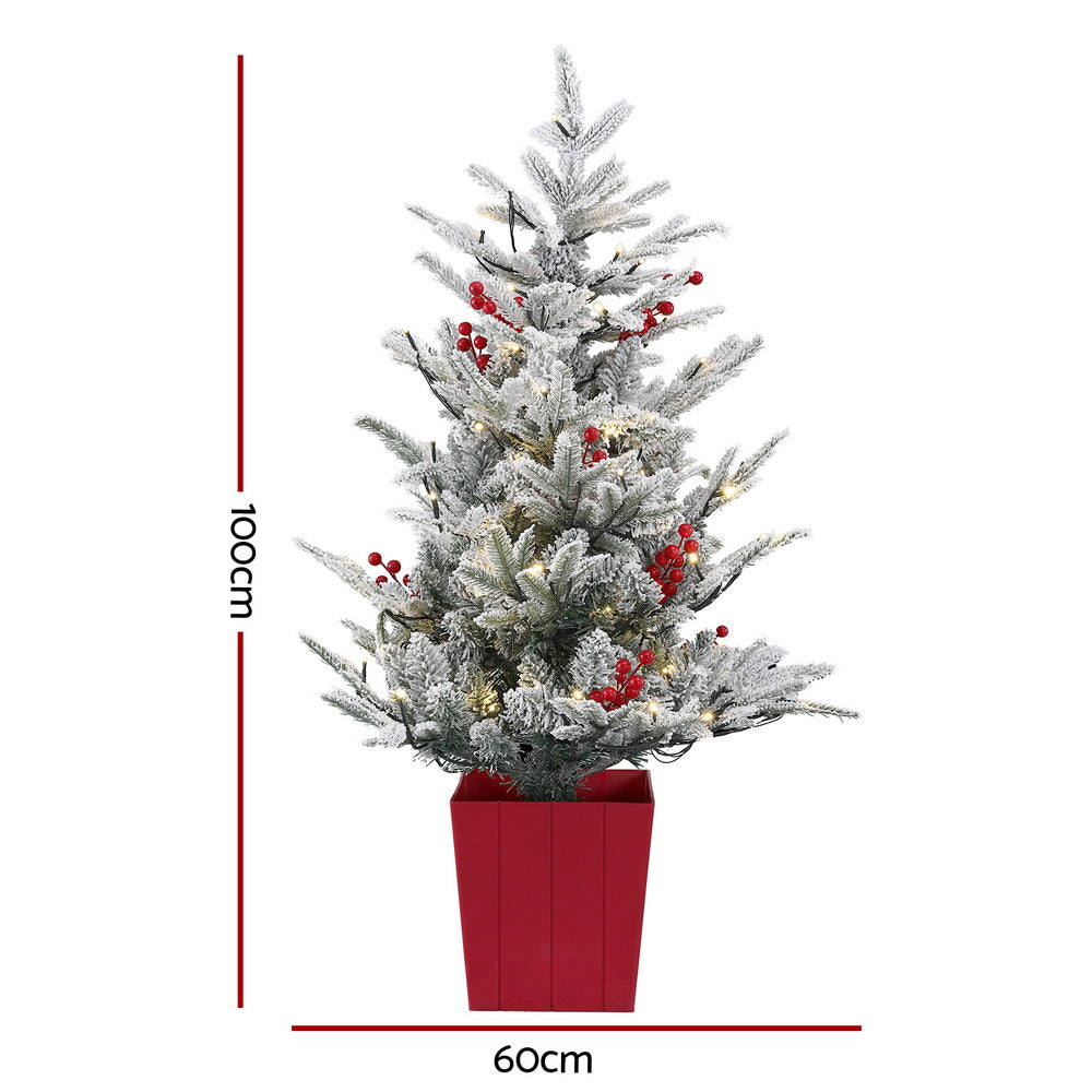 100CM Pre-Lit Flocked Potted Christmas Tree with 100 Warm White LEDs & Red Berries
