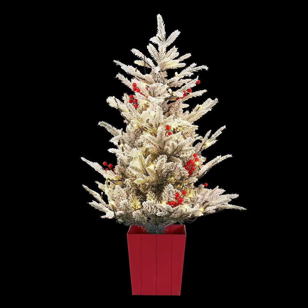 100CM Pre-Lit Flocked Potted Christmas Tree with 100 Warm White LEDs & Red Berries