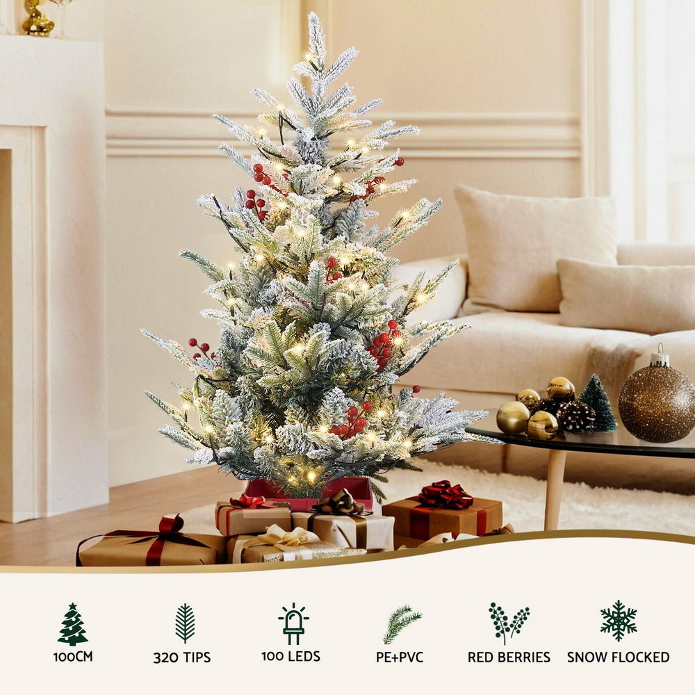 100CM Pre-Lit Flocked Potted Christmas Tree with 100 Warm White LEDs & Red Berries