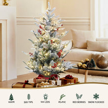 100CM Pre-Lit Flocked Potted Christmas Tree with 100 Warm White LEDs & Red Berries