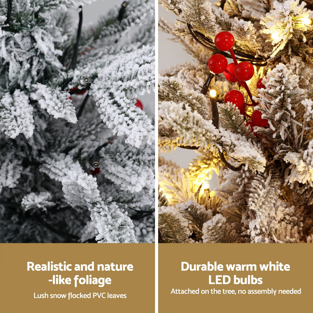 100CM Pre-Lit Flocked Potted Christmas Tree with 100 Warm White LEDs & Red Berries