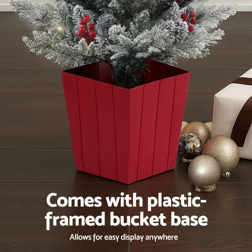 100CM Pre-Lit Flocked Potted Christmas Tree with 100 Warm White LEDs & Red Berries