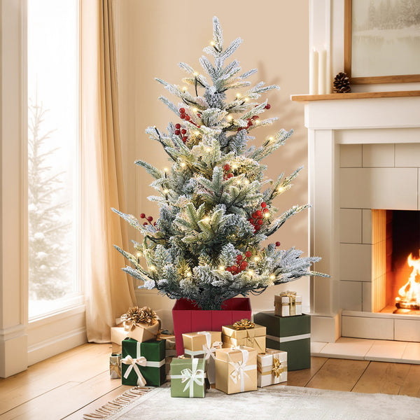3.3FT Flocked Potted Christmas Tree – Red Berries, 320 Tips, 100 Warm White LED Lights