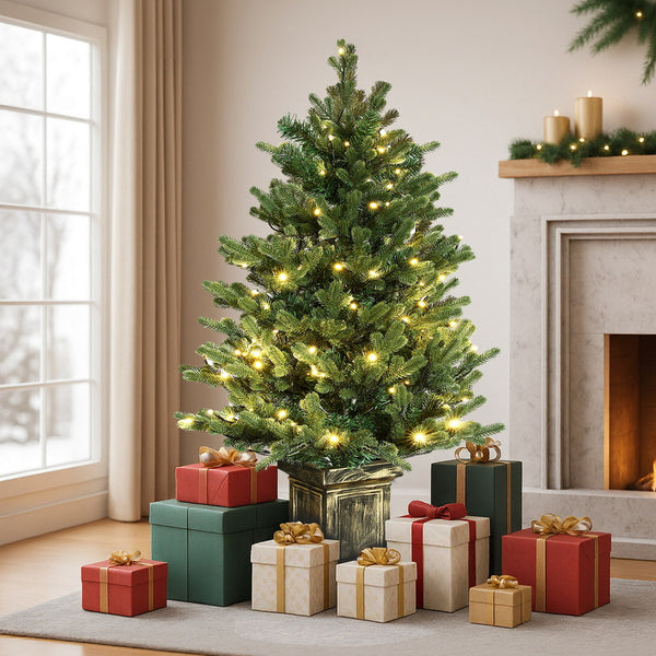 4FT Potted Christmas Tree – 269 Tips, 100 Warm White LED Lights