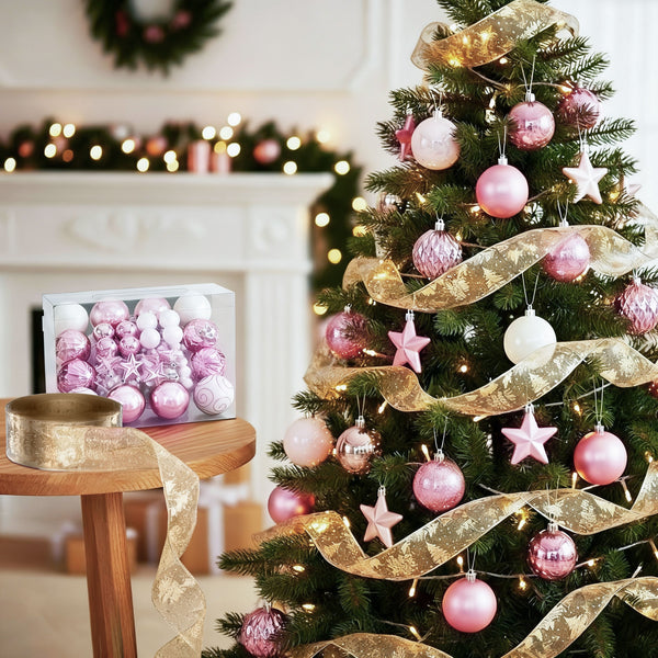 34PC Christmas Decoration Set – Ribbon Baubles Stars Pearl Garlands