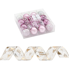 34 Piece Pink & White Christmas Decoration Set with Gold Ribbon
